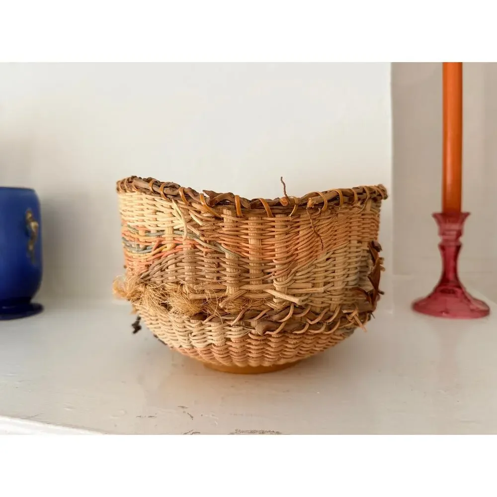 Vintage Handcrafted Tapestry Basket Woven Signed Artisan Folk Art Edna Zaremba